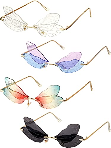4 Pairs Rimless Dragonfly Sunglasses Butterfly Glasses Fairy Wing Shaped Frameless Irregular Sunglasses Vintage Eyewear for Women Men Christmas Party Gifts