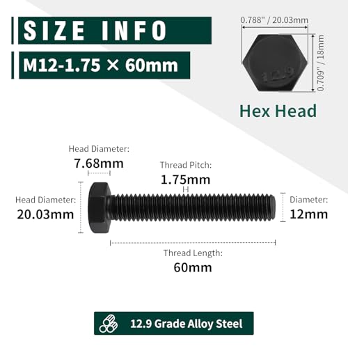 Image of M12-1.75 x 60mm Hex Bolts, 12.9 Grade Alloy Steel, Black Oxide Finish, Full Thread, Coarse Thread UNC, Hexagon Head Bolts 8 PCS