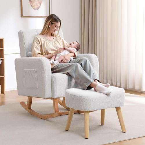 Image of HCHAIRH Rocking Chair with Ottoman, Upholstered Glider Rocker with High Backrest and Side Pocket, Comfy Reading Chair with Solid Wood Legs for Nursery, Living Room,Bedroom White