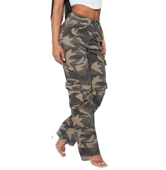 Women's High Waist Camouflage Cargo Jeans with Flap Pockets – Casual Loose Fit Straight Leg Denim Pants4