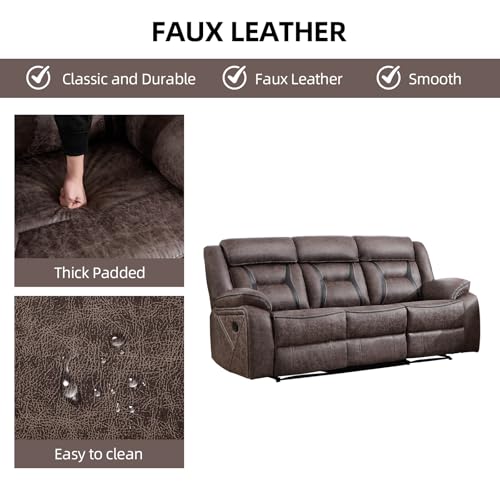 Image of EBELLO Manual Recliner Sofa Set, Faux Leather Reclining Living Room Furniture Set, Included Recliner Chair and 3 Seat Manual Recline Sofa, Grey