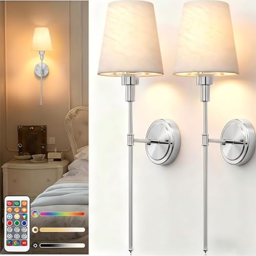 Image of DORESshop Battery Operated Wall Sconce Set of 2, 7 Color Wireless Wall Light Easy to Install, Sconce Wall Decor Set of 2 for Bedroom, Living Room, Fabric Linen Shade, Chrome, 24.6in