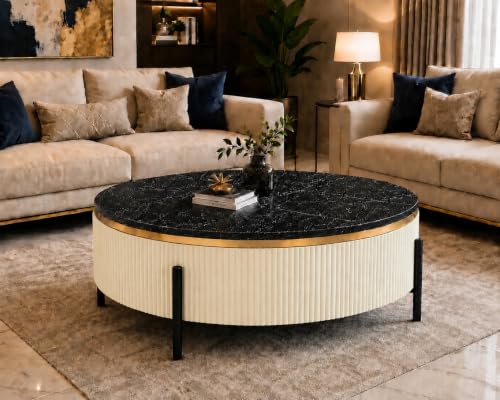 Image of WOODEN SPACE Premium Luxury Nazaara Marble-Top Coffee Table with Iron Legs & PVD Coating | Modern Round Wooden Center Table for Living Room & Entryway