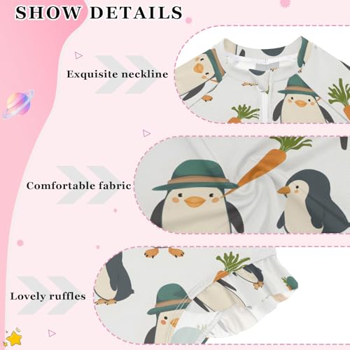 Penguin Carrying Carrot Girls Long Sleeve Swimsuit Rash Guard One Piece Bathing Suits Zipper 3-12T4
