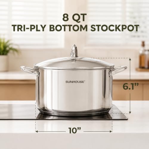 Sunhouse 8 Quart Stock Pot with Lid - 3-Ply Base Stainless Steel Cooking Pot - 8 QT Canning Dutch Oven Stock Pots - Oven Safe & Induction Cookware by Sunhouse - Used condition - Image 2