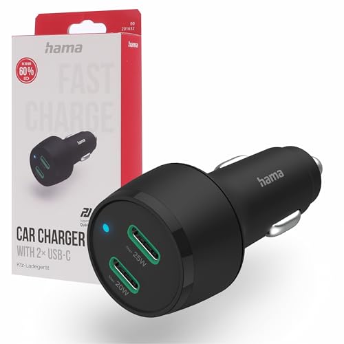 Carga rápida doble mediante cargador de coche HAMA con dos salidas USB C para mechero negro