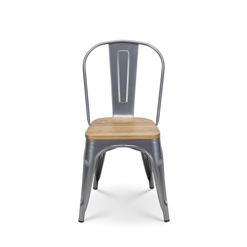 Kosmi - Set di 4 sedie in Metallo Grigio Argento con Seduta in Legno Chiaro - Stile Industriale