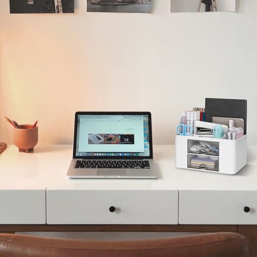 Image of QIYVLOS Minimalist White Desk Organizer with 7 Compartments, Multi-Functional Pencil Pen Holder for Desk, Desktop Organizer for Office Home Art Supplies
