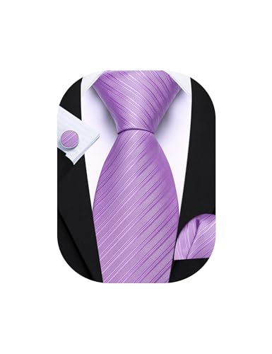 Image of Barry.Wang Solid Striped Tie for Men Silk Necktie Pocket Square Cufflinks Formal Wedding Party Business