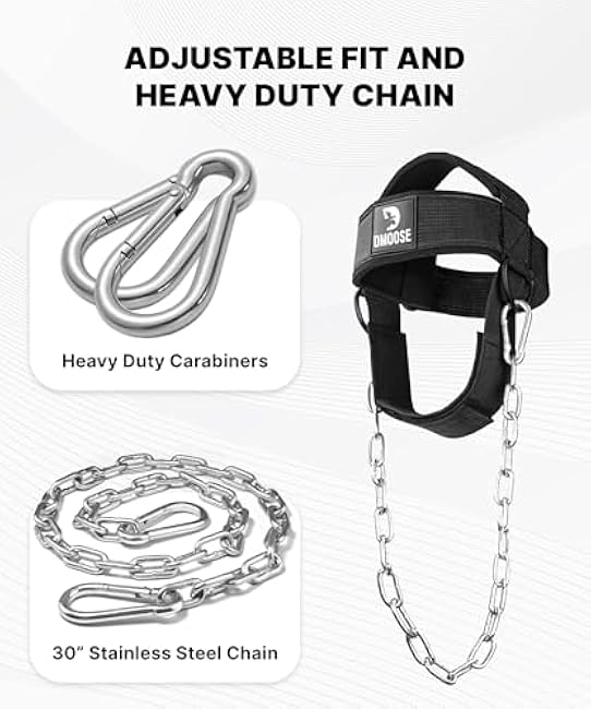 DMoose Fitness Neck Harness for Weight Lifting - Soft Padded Head & Chin Strap with 30 Heavy Duty Steel Chain - Neck Exerciser, Trainer & Strengthener to Support Injury Recovery and Intense Workouts