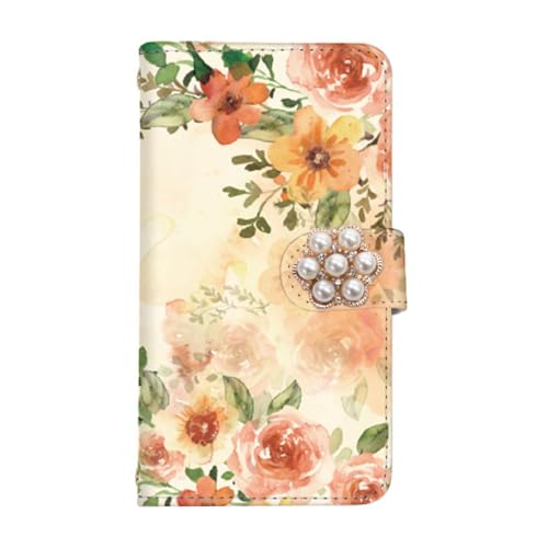 スマ通 らくらくスマートフォン F-53E 対応 ケース 手帳 スマホ カバー カード収納 (花デコ) 花 水彩 手描き ボタニカル デコ付き スタンド式 ストラップ穴 らくらくスマートフォン用 (H.オレンジ) vc-029