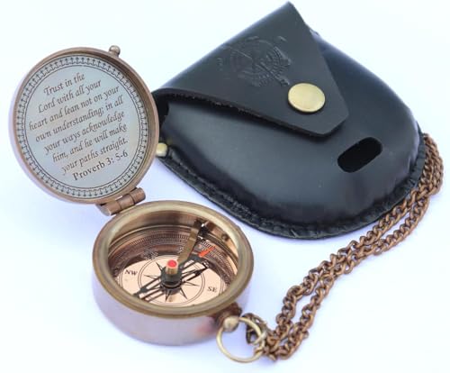 Brújula de bolsillo vintage de bronce con funda de cuero miniatura 3