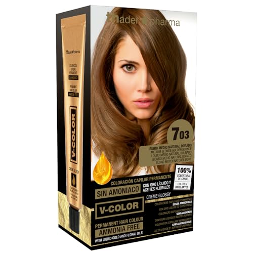 Thader Pharma V-Color Kit de Tinte permanente Sin Amoniaco con Oro Líquido 100% Cobertura de canas, 120 ml (No. 7.03 Rubio medio natural dorado)