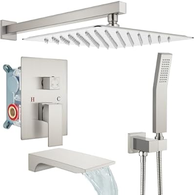 gotonovo Shower System with Tub Spout,Waterfall Tub Shower Faucet Set for Bathroom Head and Handle Set Wall Mounted 3 Function Rough-in Valve and Trim Included 12 inch Shower Head Brushed Nickel