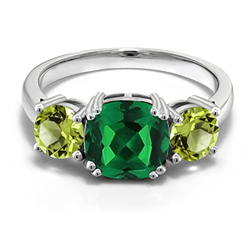 Gem Stone King 925 Sterling Silver Green Nano Emerald and Green Peridot 3 Stone Engagement Ring For Women (3.60 Cttw, Gemstone May Birthstone, Cushion 8MM, Available in Size 5,6,7,8,9)2