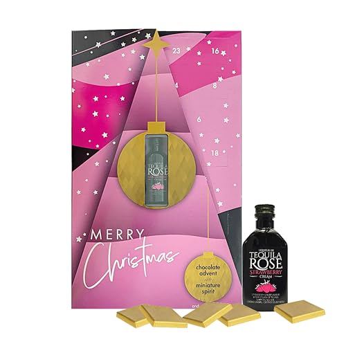 Tequila Rose Advent Calendar 2024 - Strawberry Cream Liqueur 5cl Miniature Alcohol Bottles with 24 Days Christmas Countdown Chocolate Squares with Topline Card. Great Christmas Gifts for Women