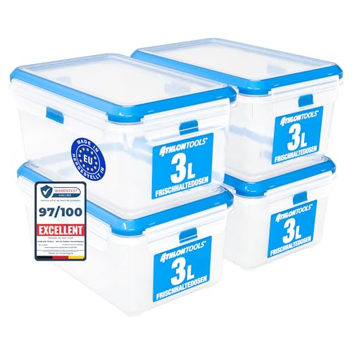 ATHLON TOOLS Lot de 4 boîtes de conservation de qualité gastronomique de 3 L - 100% hermétiques et étanches - de -40 à +100 degrés - pour tous les...