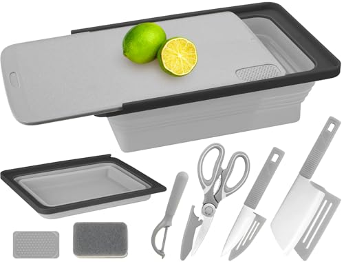 Camping Cutting Board Set - 7-in-1 Portable Foldable Chopping Board with Knife, Vegetable Washing Basket, Kitchen Essentials for Camping, RV, Picnic, Travel & Outdoor Cooking