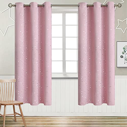 Image of BGment Kids Blackout Curtains for Bedroom - Grommet Thermal Insulated Silver Star Print Room Darkening Curtains for Kids Room, Set of 2 Panels, 42 x 72 Inch, Baby Pink