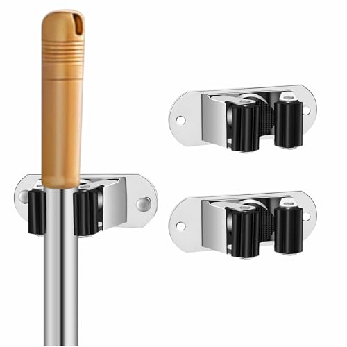 Image of JD FRESH 2 Pcs Stainless Steel Mop and Broom Holder Wall Mount, 1 Slot Anti Slip Heavy Duty Waterproof Broom Hanger Stand Organizer Tool Storage for Kitchen Home Garden Bathroom Garage (Silver)