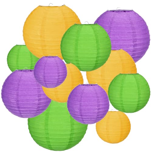 Baquler 24 Pcs Mardi Gras Decorations Mardi Gras Paper Lanterns Yellow Green Purple Hanging Paper Lantern Assorted Round Decorative for Mardi Gras Party Favors Decoration Outdoor Supplies