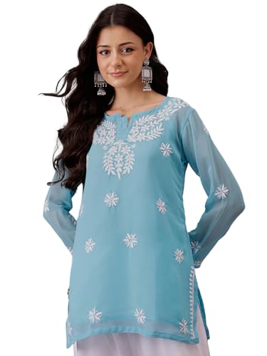 Image of Ada Women's & Girl's Georgette Hand Embroidered Lucknow Chikankari Regular Fit Short Kurti Top with Slip A911300
