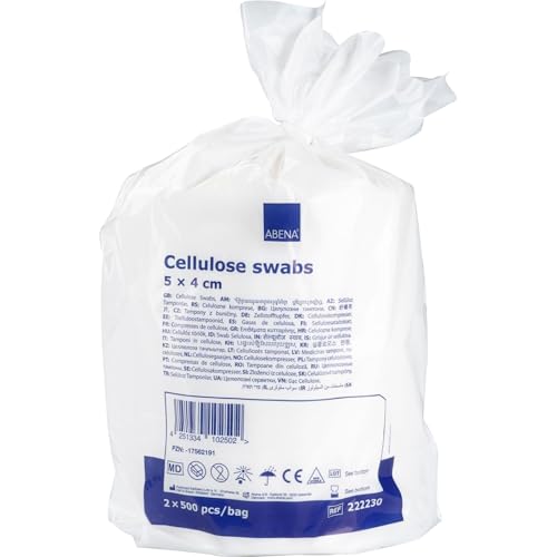 ABENA Cellulose-Tupferrollen, 5 x 4 cm, 1000 Stück (2 Rollen x 500 Stück) | 12-lagige, fusselfreie Tupfer | Nicht steril | Wundversorgung, Nagelvorbereitung, Nagellackentfernung und Make-up-Entfernung