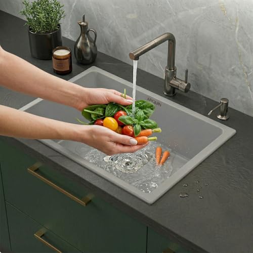 Image of ARQUIN Quartz Sink 24x18x9 Inch Grey | Single Bowl Sink | Durable & Scratch-Resistant | Undermount /Topmount Including Coupling, Waste Pipe & Fruit Washing Basket