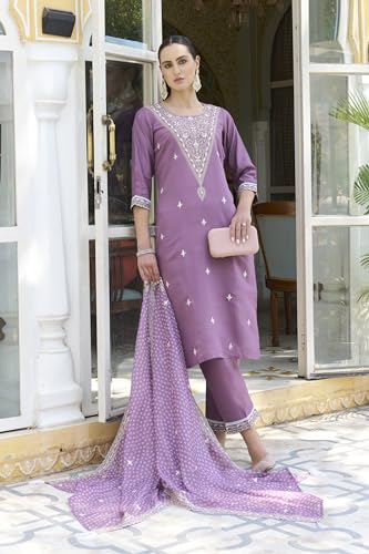 Image of VredeVogel Women's Silk Blend Embroidered Kurta with Pant & Organza Dupatta Set
