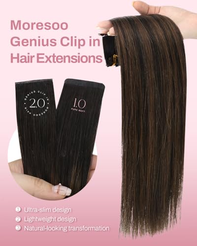 Image of Moresoo Seamless Clip in Hair Extensions Balayage Dark Brown to Chestnut Brown PU Skin Genius Clip in Hair Extensions Real Human Hair Lightweight Human Hair Clips in Extensions 14Inch 110G 7Pcs