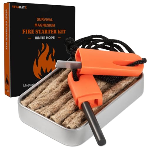 VitarayX Fire Starter Kit – Lightweight Waterproof Magnesium Ferro Rod with Waxed Jute Rope for Camping, Hiking, Survival – Gift for Men (Orange)