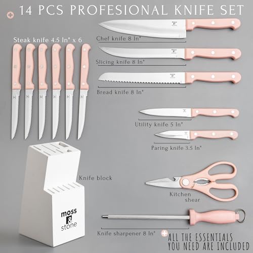 Image of Moss & Stone Pink 14 Pcs Kitchen Knife Set with Block, Stainless Steel