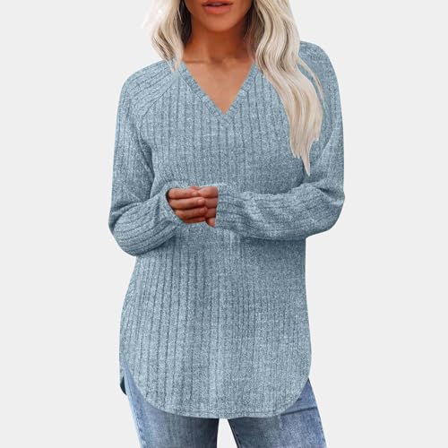 Womens Fall Tops Ribbed Knit Long Sleeve V Neck Sweater Pullover Casual Curved Hem Shirts with Side Slit2