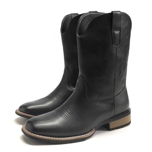 YFFUSHI Men's American Western Cowboy Boots Funky Vintage Fashion Embroidered Square Toe Boots Chunky Heel