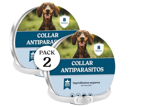 Collar Antipulgas Perros - Collar Antiparasitario - Leishmaniosis (Mosquitos), Pulgas y Garrapatas - 8 Meses - 63cm Ajustable, Repelente 100% Natural, Impermeable (Pack 2)