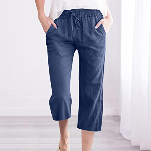 Womens Wide Leg Capris Casual Summer Elastic High Waist Cotton Linen Carpi Pants Loose Comfy Cropped Lounge Trousers2