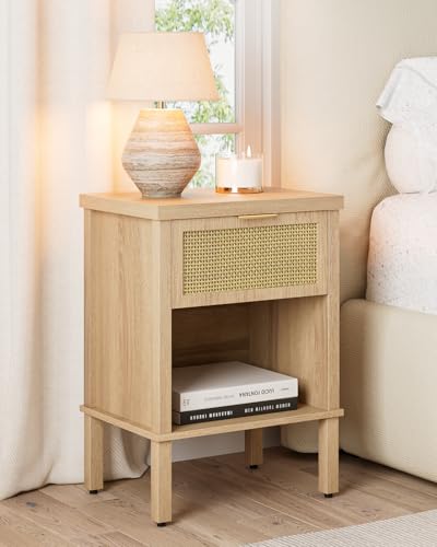 Apetaccat Rattan Nachttisch, Holz Nachttisch Eiche, Boho Nachtschrank...