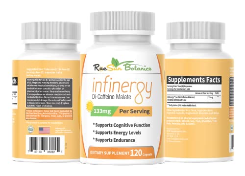 Image of Infinergy Di-Caffeine Malate 133mg Capsules 120ct for Energy, Caffeine Pills Sustained Release, Long Lasting, Focus & Concentration No Crash, Nootropic Brain Booster