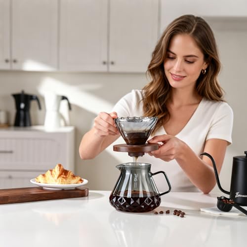 Image of Bincoo Pour Over Coffee Maker&Dripper, Style Cone Filter + 600ml Glass Coffee Server, Manual Coffee Brewer Set, Reusable Coffee Filter Holder, Great Gift for Coffee Enthusiasts(Grey