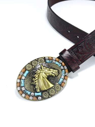 BaronHong Men's Western Cowboy Leather Belts,Bull Floral Engraved Belt,1-1/2 Inch Wide4