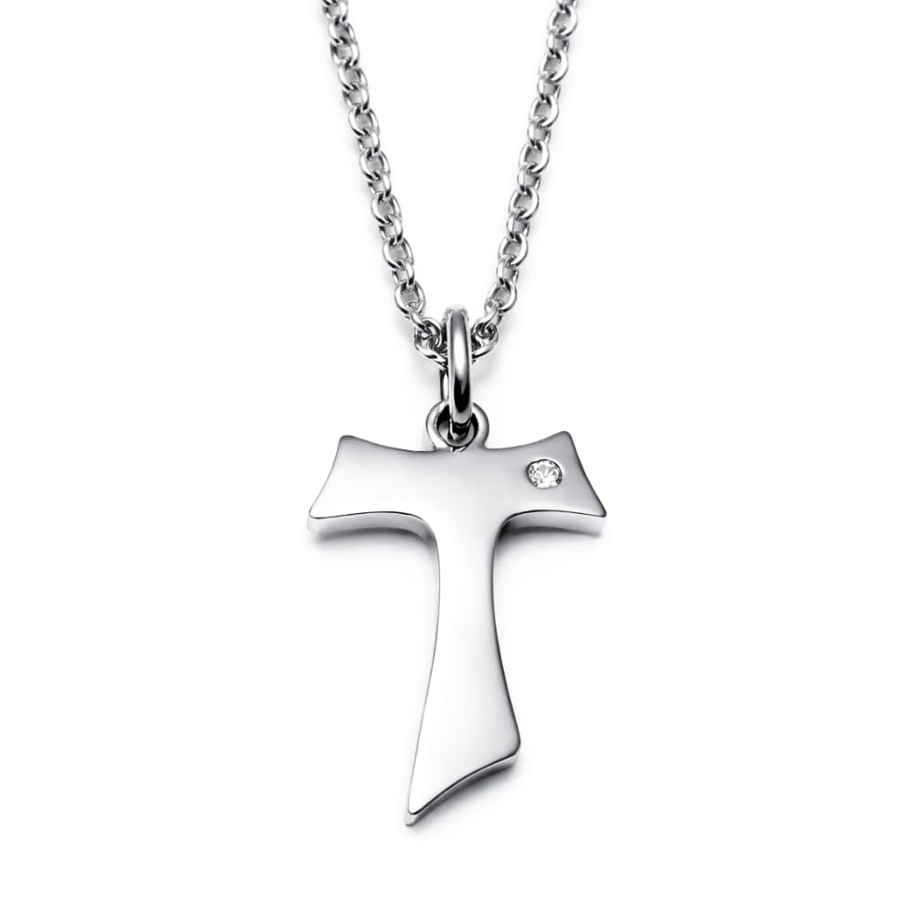Collana Tau Francescano Uomo Donna in Acciaio Inox con Zircone Bianco – Pendente Religioso Cattolico Cristiano Simbolo di San Francesco – Gioiello Spiritualità Fede Regalo
