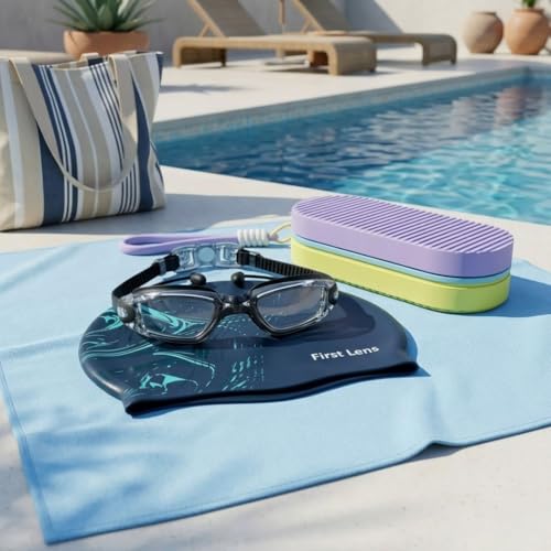 Image of First Lens Swimming Combo Pack with Anti-Fog Goggles, Swimm Cap & Protective Soft Storage Case - Clear Goggle + Aquawave Cap + Yellow Purple Case