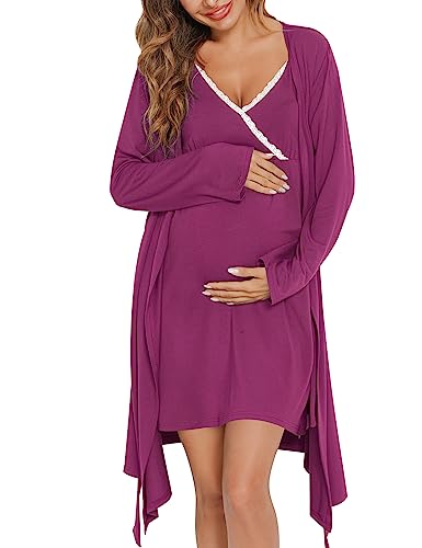 Image of SWOMOG Womens Maternity Robe 2 Piece Nursing Nightgown for Breastfeeding 3 in 1 Labor Delivery Nursing Dress Lace Bathrobe