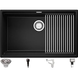 Fregadero Praga Fregadero Negro 76x47 cm, Fregadero Granito Un Seno + enrollable escurridor + Sifón Automático, Fregadero sobre encimera Prague 80 Level Slim de Primagran