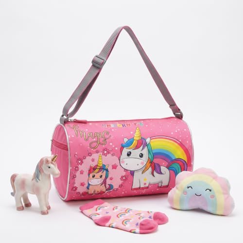 Image of Kids Unicorn Duffle Bag for Girls | Pink Magic Rainbow Barrel Travel Bag | Lightweight Polyester Shoulder Bag for School, Gym, Swimming, Dance, Picnic & Weekend Trips | Age 3-12 Years (Unicorn)
