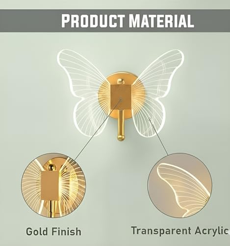 Image of Acrylic Butterfly Shape LED Wall Light for Living Room, Bedroom & Hall | Modern Decorative Lamp with Gold Finish | 3 Light Modes - Warm, Neutral & White | Wall Decor Light (Pack of 1)