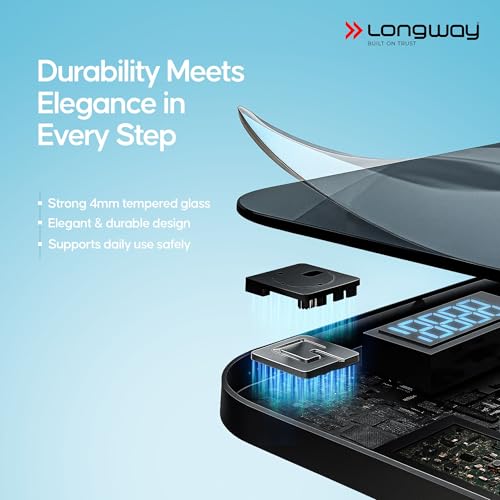 Image of Longway Weight Machine for Home | Digital Bathroom Scale for Human Body Weight Measurement | Extra Thick Tempered Glass with LCD Display | 3 Years Warranty (Full Black | Max Weight 180Kgs | Aura)