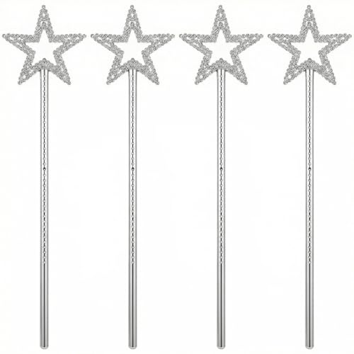 4Pcs Magic Wand 13inch Fairy Wand Princess Wand Glitter Silver Fairys Sparkle Star Angel Magic Wand for Birthday Halloween Christmas Party Princesses Costume Role Play Props Accessories (Silver)