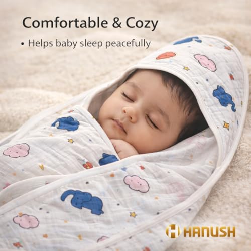 Image of HANUSH 100% Muslin Cotton Baby Hooded Towel 75x75 cm - Double Layer Soft Newborn Bath Wrap, Organic Muslin Bath Towel for Infants & Babies (Unisex, Elephant & Cloud Print)