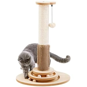 Made4Pets Cat Scratching Post, 23″ Tall Sisal Cat Scratcher Post with Self Groomer, 4-in-1 Interactive Trackball Toys with Hair Brush, Vertical Cat Climbing Tree with Dangling Plush Balls